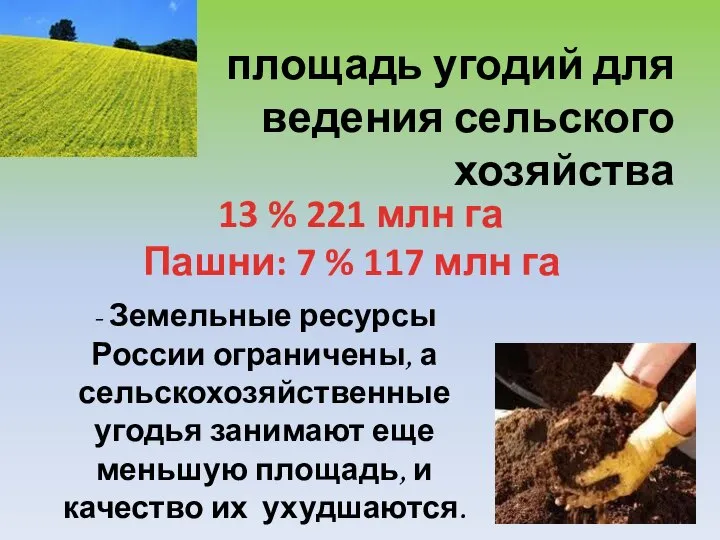 площадь угодий для ведения сельского хозяйства 13 % 221 млн га