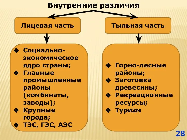 Внутренние различия Лицевая часть Тыльная часть Социально-экономическое ядро страны; Главные промышленные