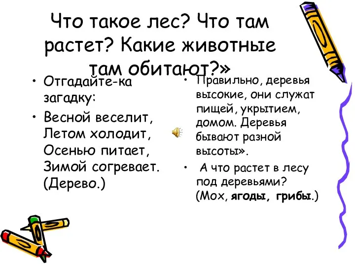 Что такое лес? Что там растет? Какие животные там обитают?» Отгадайте-ка