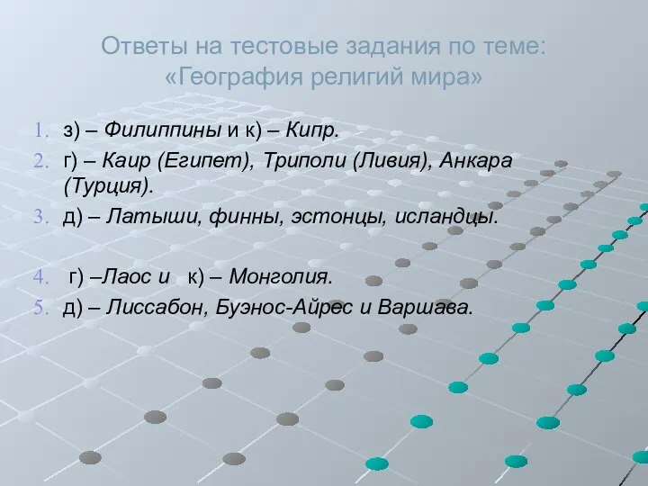 Ответы на тестовые задания по теме: «География религий мира» з) –