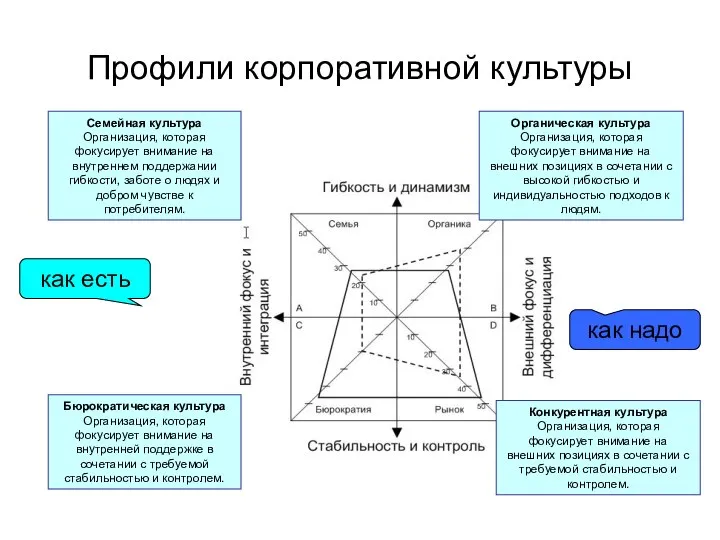 Профили корпоративной культуры Семейная культура Организация, которая фокусирует внимание на внутреннем