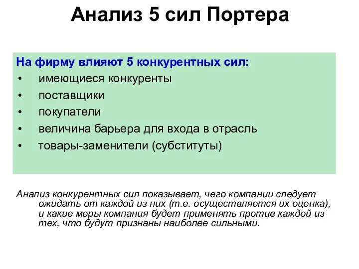 Анализ 5 сил Портера На фирму влияют 5 конкурентных сил: имеющиеся