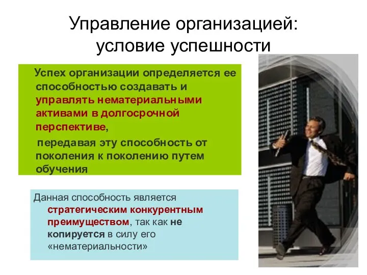 Управление организацией: условие успешности Успех организации определяется ее способностью создавать и