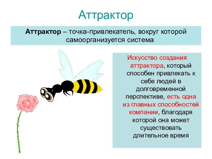 Аттрактор Аттрактор – точка-привлекатель, вокруг которой самоорганизуется система Искусство создания аттрактора,