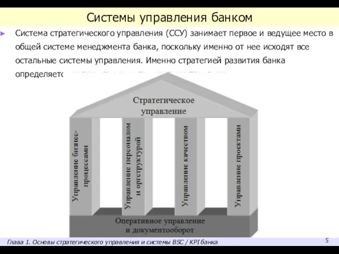 Системы управления банком Система стратегического управления (ССУ) занимает первое и ведущее