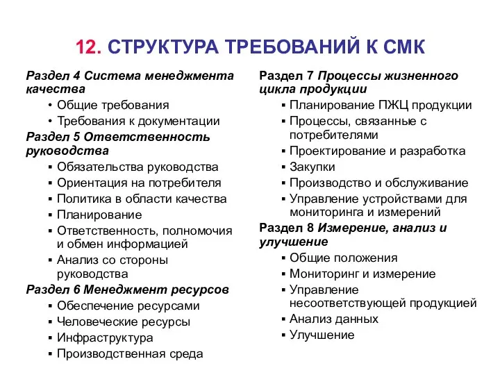 12. СТРУКТУРА ТРЕБОВАНИЙ К СМК Раздел 4 Система менеджмента качества Общие