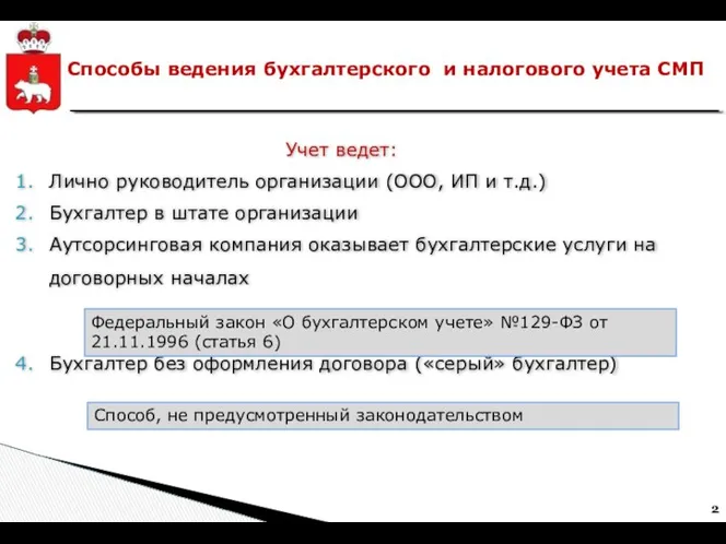 Способы ведения бухгалтерского и налогового учета СМП Учет ведет: Лично руководитель