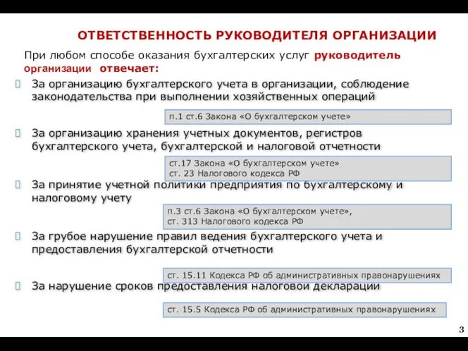 За организацию бухгалтерского учета в организации, соблюдение законодательства при выполнении хозяйственных