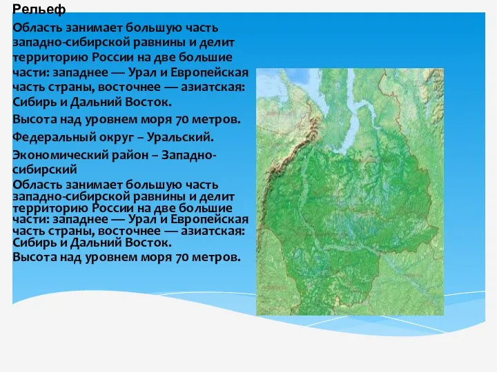 Рельеф Область занимает большую часть западно-сибирской равнины и делит территорию России