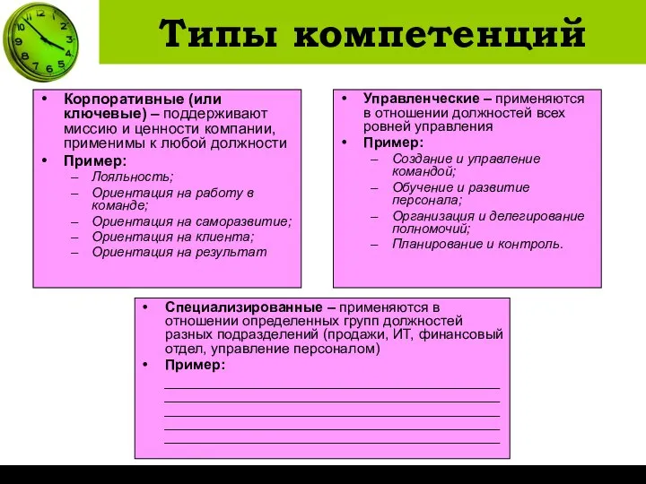 Типы компетенций Корпоративные (или ключевые) – поддерживают миссию и ценности компании,