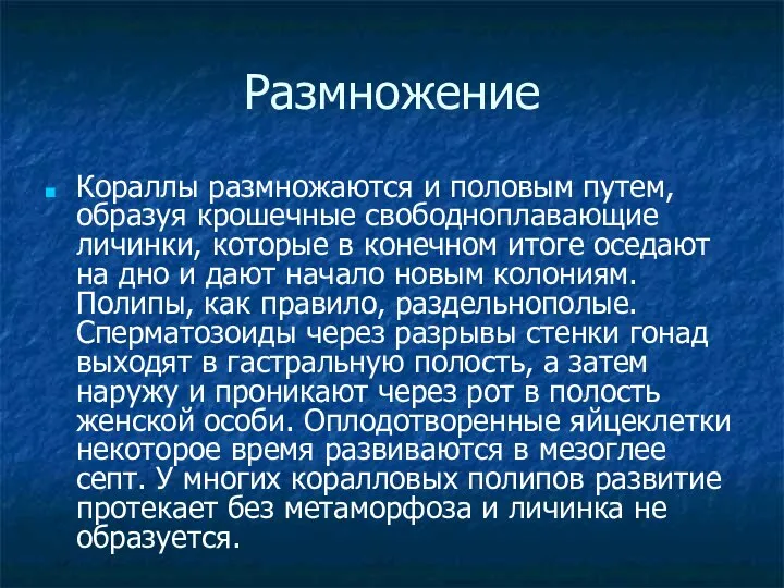 Размножение Кораллы размножаются и половым путем, образуя крошечные свободноплавающие личинки, которые