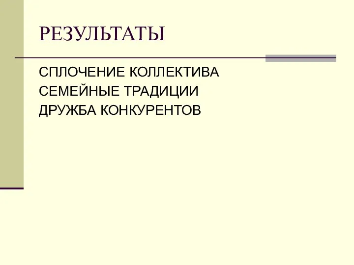 РЕЗУЛЬТАТЫ СПЛОЧЕНИЕ КОЛЛЕКТИВА СЕМЕЙНЫЕ ТРАДИЦИИ ДРУЖБА КОНКУРЕНТОВ