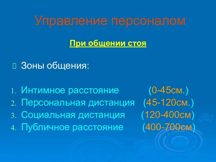 Управление персоналом При общении стоя Зоны общения: Интимное расстояние (0-45см.) Персональная