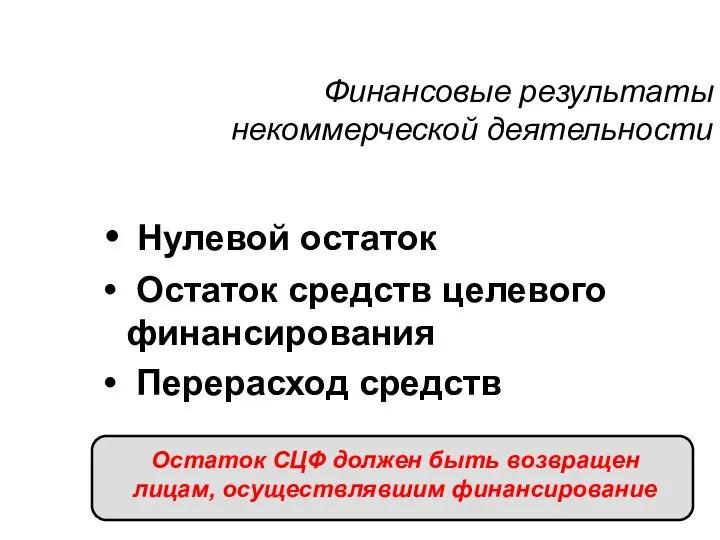 Финансовые результаты некоммерческой деятельности Нулевой остаток Остаток средств целевого финансирования Перерасход