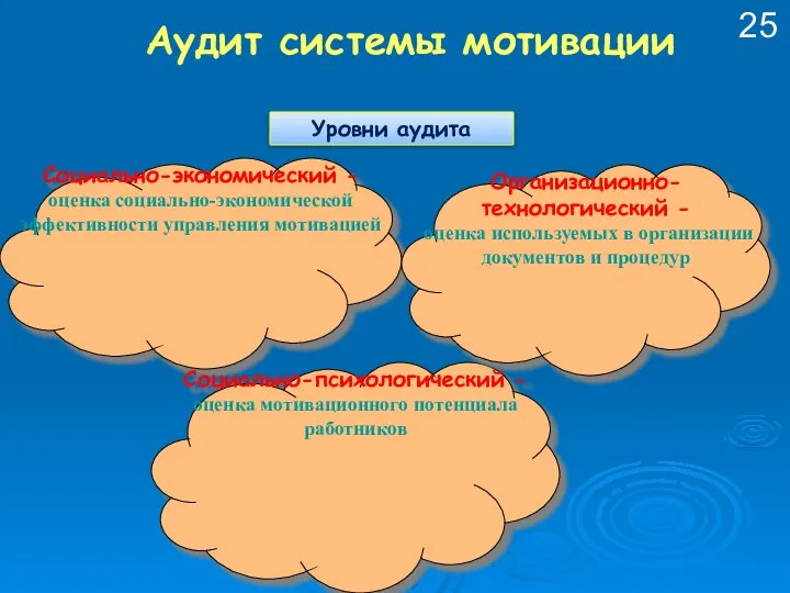 Аудит системы мотивации Социально-экономический - оценка социально-экономической эффективности управления мотивацией Социально-психологический