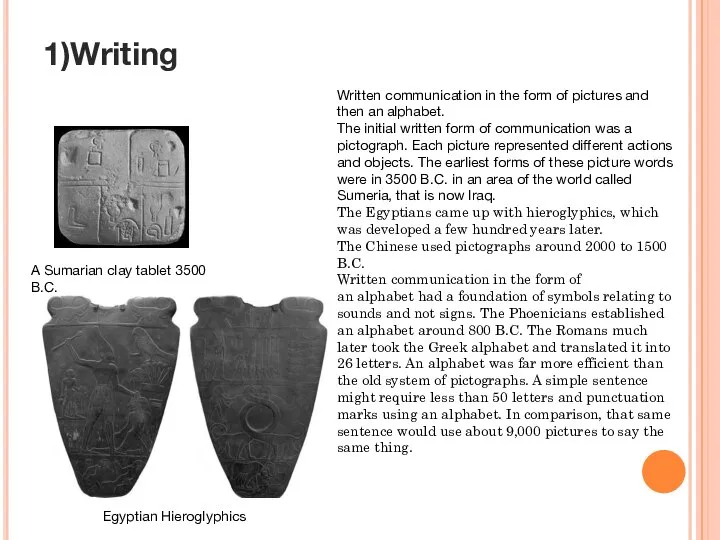 1)Writing A Sumarian clay tablet 3500 B.C. Egyptian Hieroglyphics Written communication