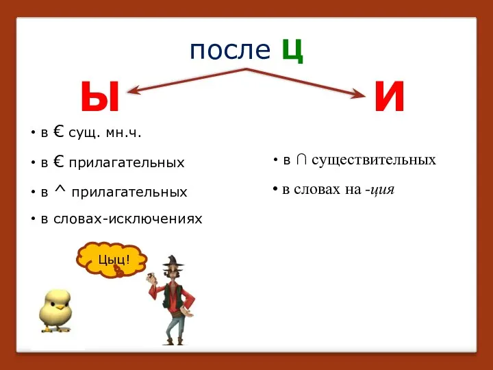 Ы И после Ц в € сущ. мн.ч. в € прилагательных