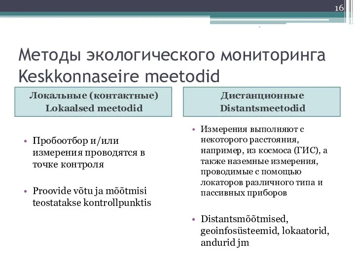 Методы экологического мониторинга Keskkonnaseire meetodid Локальные (контактные) Lokaalsed meetodid Дистанционные Distantsmeetodid