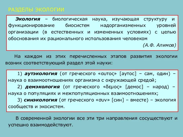 На каждом из этих перечисленных этапов развития экологии возник соответствующий раздел