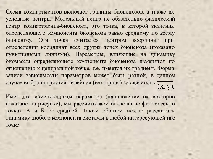 Схема компартментов включает границы биоценозов, а также их условные центры. Модельный