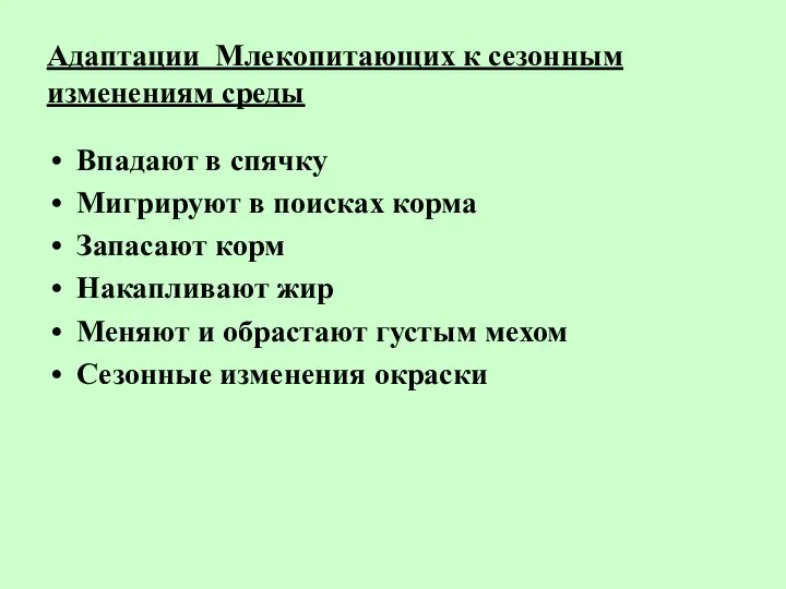 Адаптации Млекопитающих к сезонным изменениям среды Впадают в спячку Мигрируют в