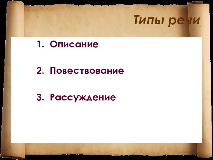 Типы речи 1. Описание 2. Повествование 3. Рассуждение