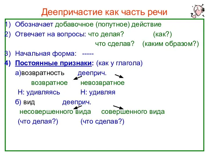 Нефёдова О.Н. Деепричастие как часть речи Обозначает добавочное (попутное) действие Отвечает