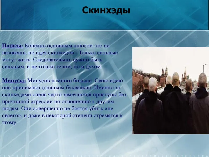 Скинхэды Плюсы: Конечно основным плюсом это не назовешь, но идея скинхедов