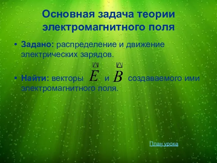 Основная задача теории электромагнитного поля Задано: распределение и движение электрических зарядов.