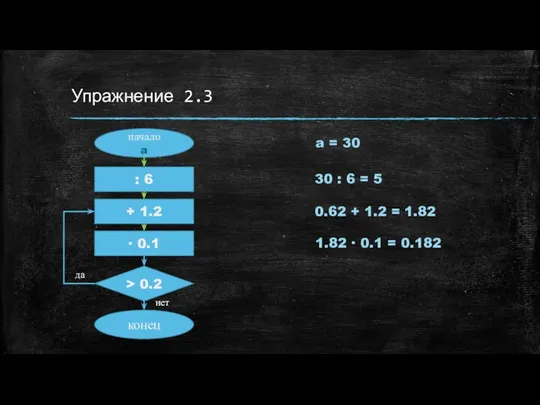 Упражнение 2.3 начало a : 6 > 0.2 конец нет да