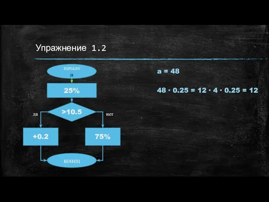 Упражнение 1.2 начало a 25% >10.5 +0.2 75% конец нет да