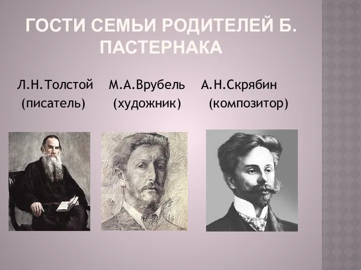 Гости семьи родителей Б.Пастернака Л.Н.Толстой М.А.Врубель А.Н.Скрябин (писатель) (художник) (композитор)