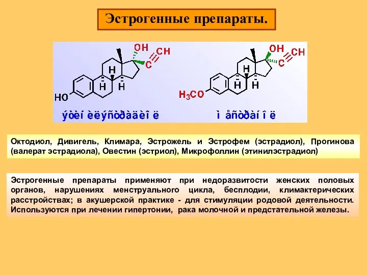 Эстрогенные препараты. Эстрогенные препараты применяют при недоразвитости женских половых органов, нарушениях