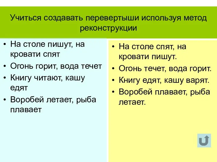 Учиться создавать перевертыши используя метод реконструкции На столе пишут, на кровати