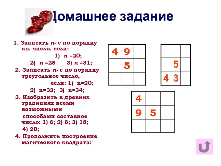 Домашнее задание 1. Записать n- е по порядку кв. число, если: