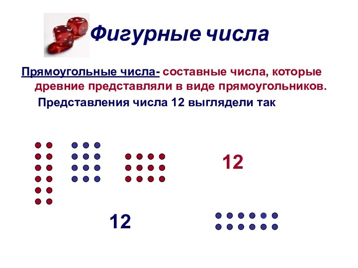 Фигурные числа Прямоугольные числа- составные числа, которые древние представляли в виде