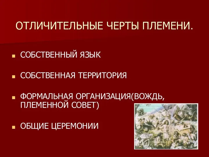 ОТЛИЧИТЕЛЬНЫЕ ЧЕРТЫ ПЛЕМЕНИ. СОБСТВЕННЫЙ ЯЗЫК СОБСТВЕННАЯ ТЕРРИТОРИЯ ФОРМАЛЬНАЯ ОРГАНИЗАЦИЯ(ВОЖДЬ, ПЛЕМЕННОЙ СОВЕТ) ОБЩИЕ ЦЕРЕМОНИИ