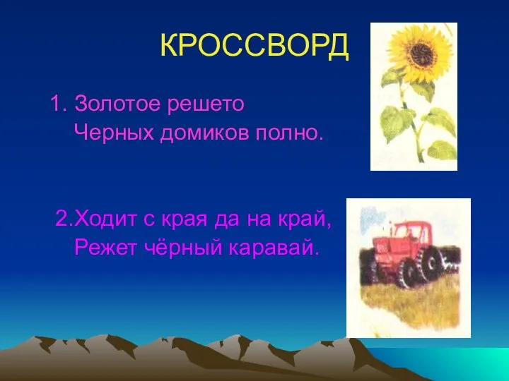 КРОССВОРД 1. Золотое решето Черных домиков полно. 2.Ходит с края да на край, Режет чёрный каравай.