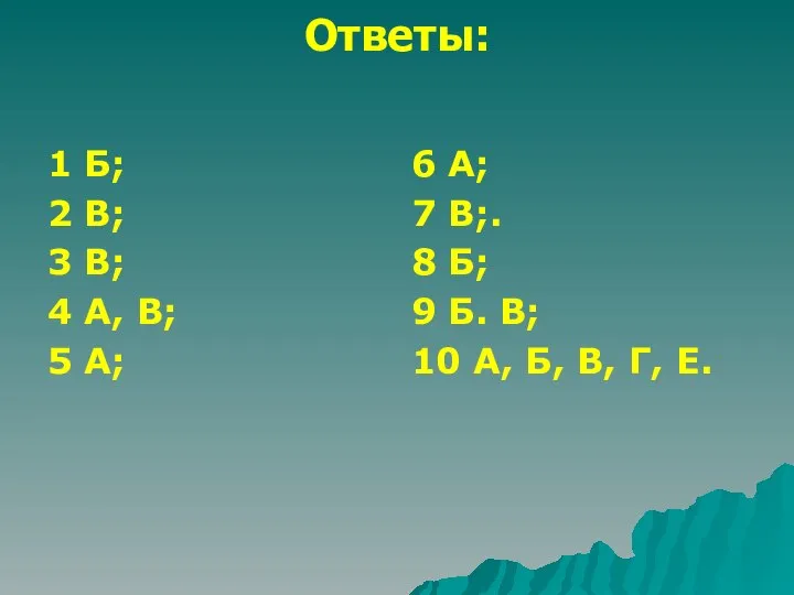 Ответы: 1 Б; 2 В; 3 В; 4 А, В; 5