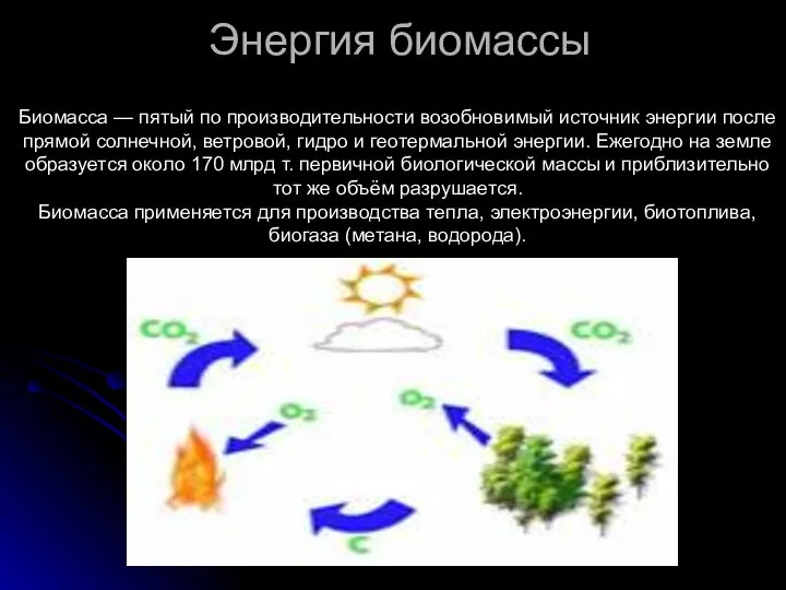 Энергия биомассы Биомасса — пятый по производительности возобновимый источник энергии после