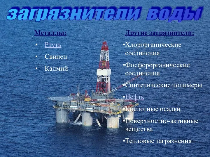 загрязнители воды Металлы: Ртуть Свинец Кадмий Другие загрязнители: Хлорорганические соединения Фосфорорганические