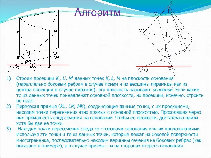 Алгоритм Строим проекции K', L', M' данных точек K, L, M