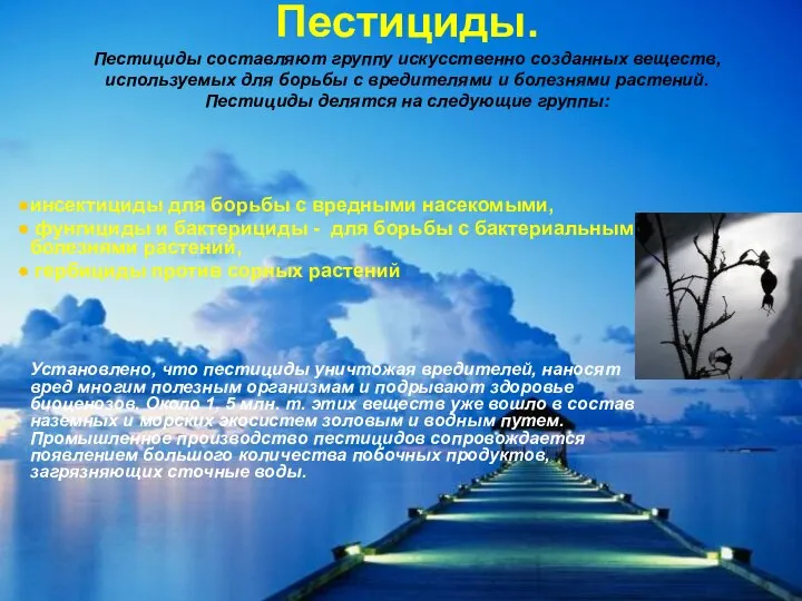 Пестициды. Пестициды составляют группу искусственно созданных веществ, используемых для борьбы с