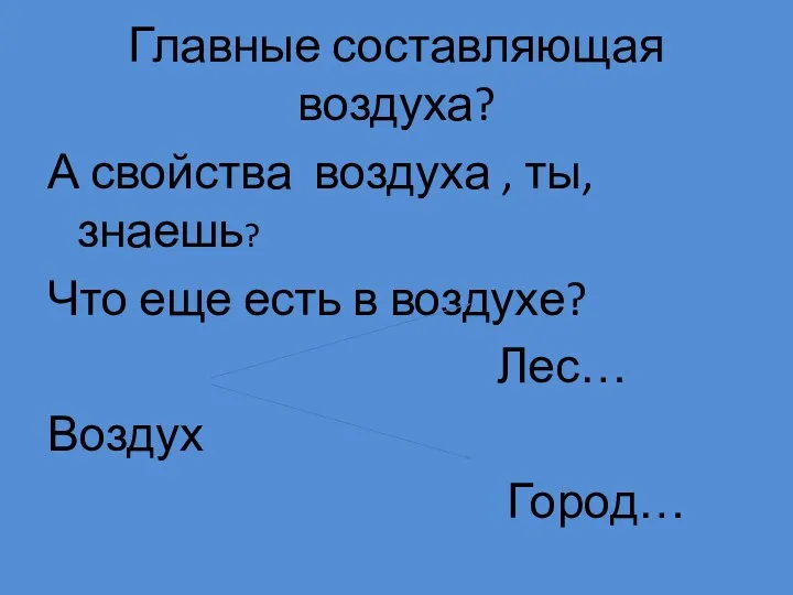 Главные составляющая воздуха? А свойства воздуха , ты, знаешь? Что еще