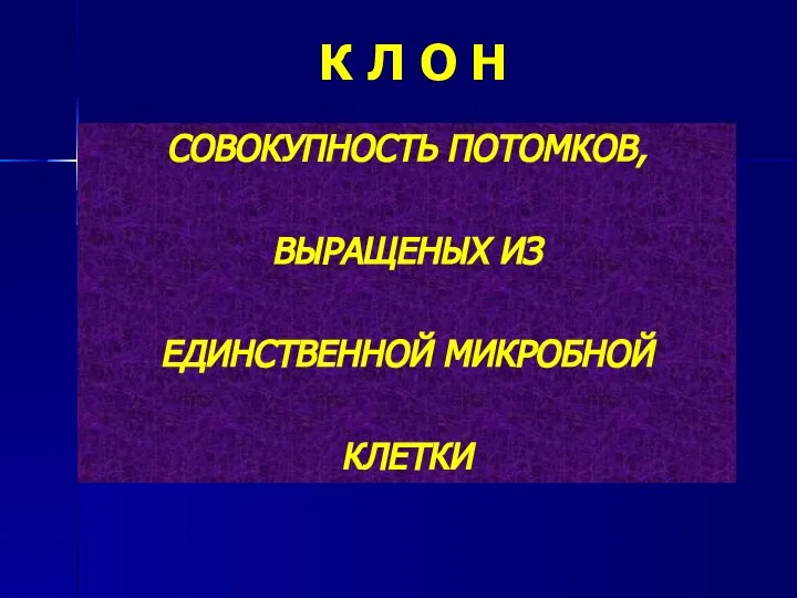 К Л О Н СОВОКУПНОСТЬ ПОТОМКОВ, ВЫРАЩЕНЫХ ИЗ ЕДИНСТВЕННОЙ МИКРОБНОЙ КЛЕТКИ