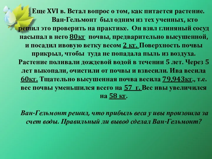 Еще XVI в. Встал вопрос о том, как питается растение. Ван-Гельмонт