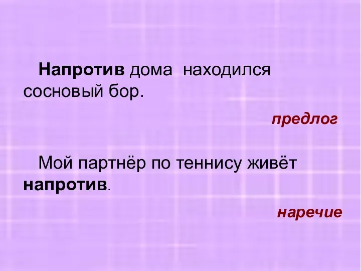 Напротив дома находился сосновый бор. предлог Мой партнёр по теннису живёт напротив. наречие