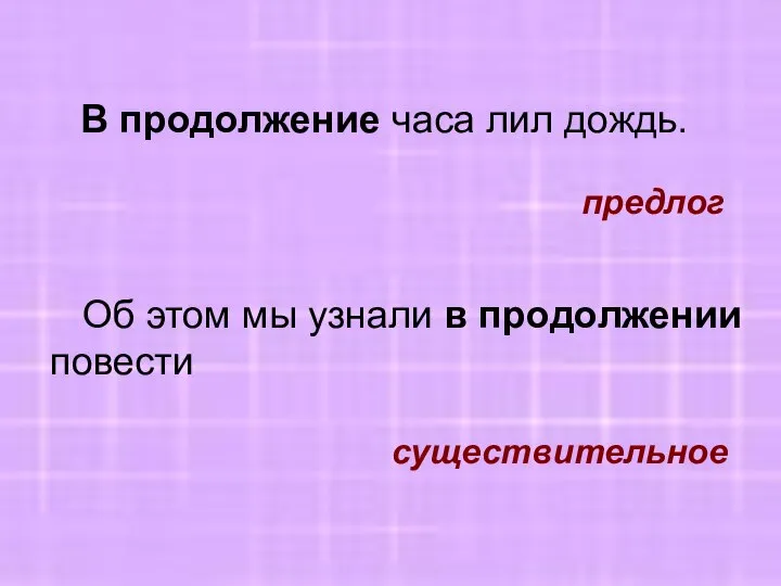 Об этом мы узнали в продолжении повести В продолжение часа лил дождь. предлог существительное