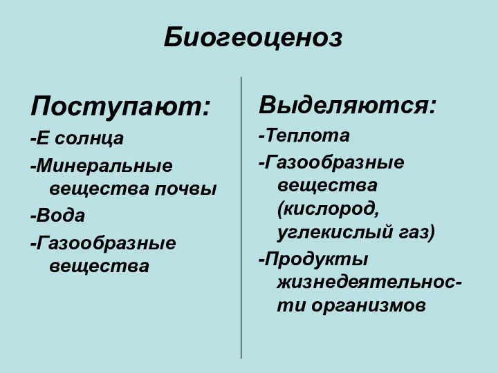 Биогеоценоз Поступают: -Е солнца -Минеральные вещества почвы -Вода -Газообразные вещества Выделяются: