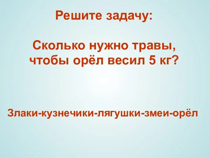 Решите задачу: Сколько нужно травы, чтобы орёл весил 5 кг? Злаки-кузнечики-лягушки-змеи-орёл